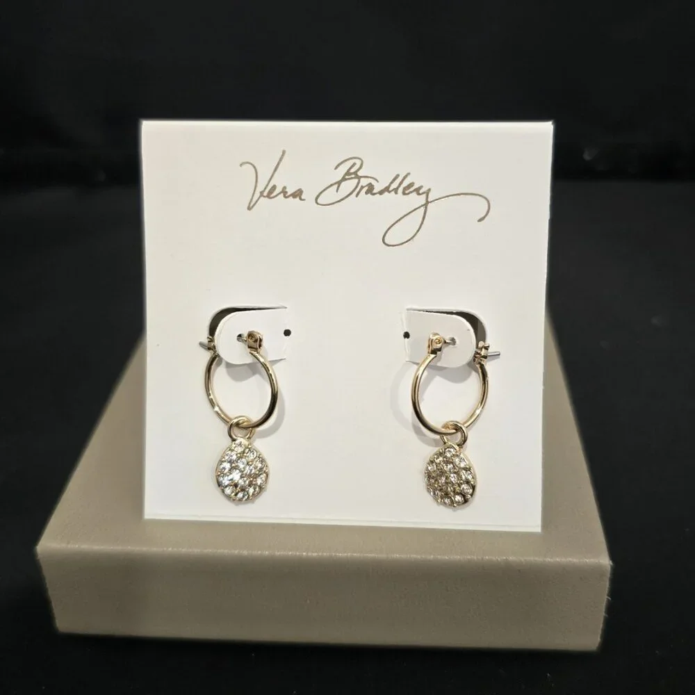 Vera Bradley Women's Gold Plated Pave Drop Hoop Earrings NWT - Picture 3 of 4